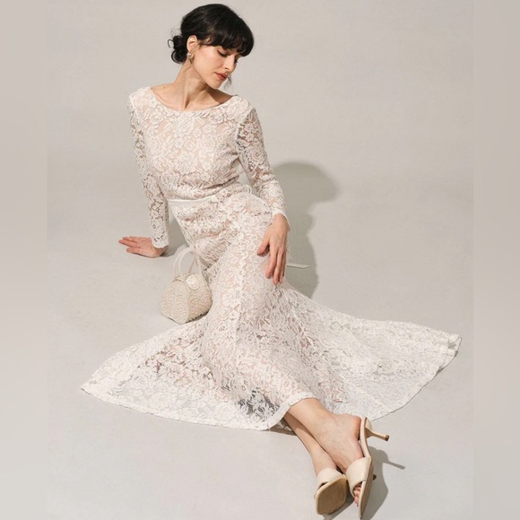 NWT RIHOAS The White Lace Long Sleeve Backless Maxi Dress Sz S - Picture 3 of 16